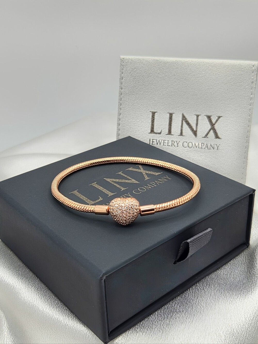 Linx Rose Gold Snake Chain Bracelet With Zircon Heart Clasp